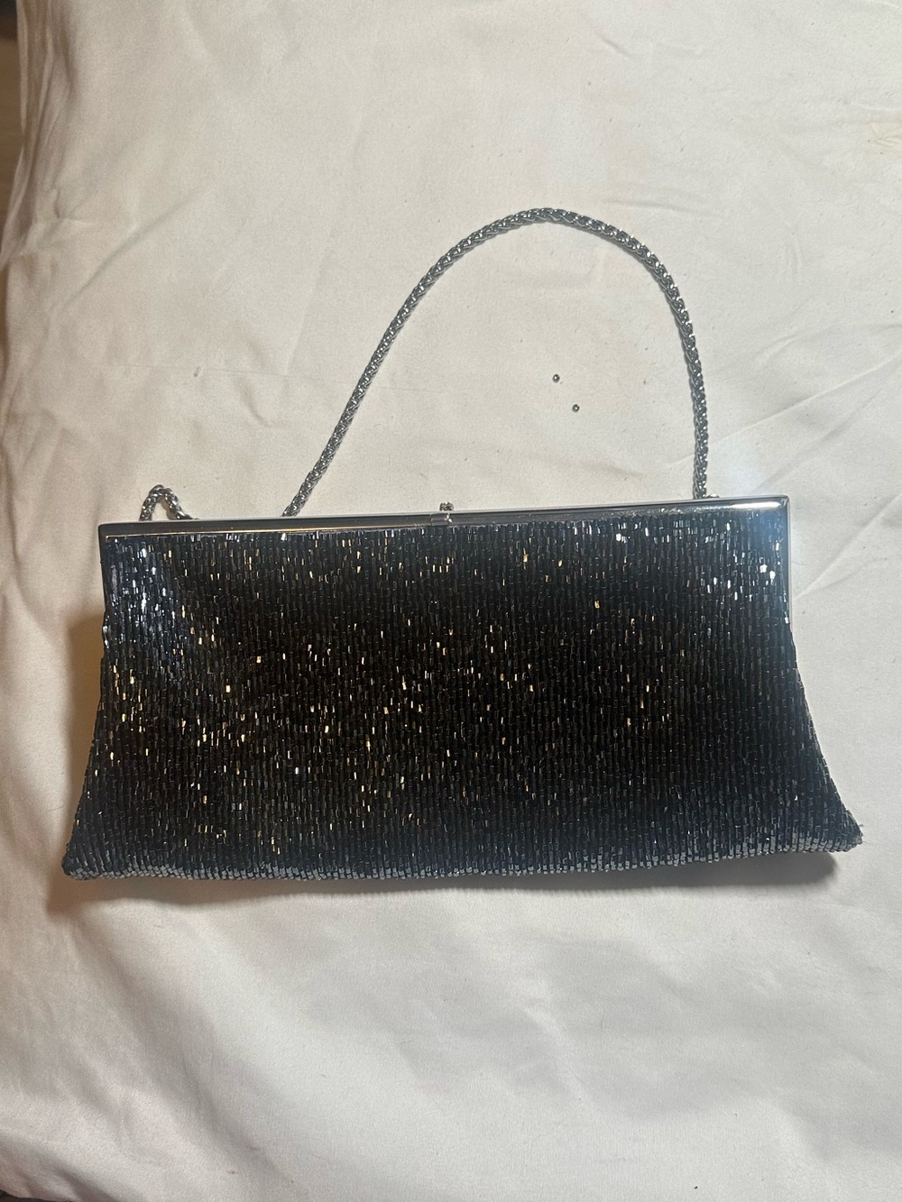Black Sequin Evening Clutch with Silver Accents